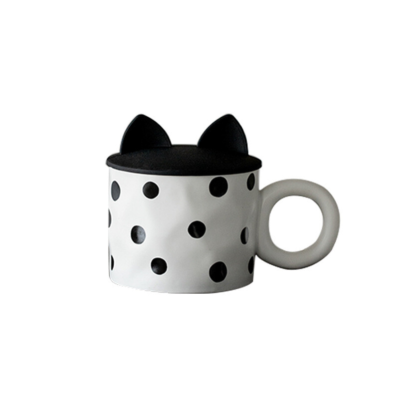 350ml Cat Ear Ceramic Mug with Polka Dot and Wave Patterns, Mẫu: Chấm bi