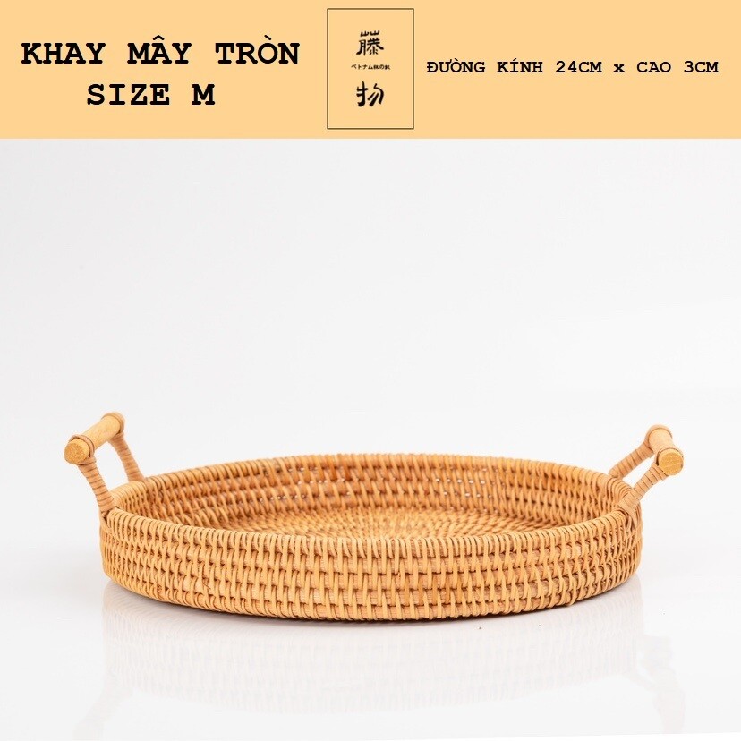 Khay mây tre đựng trái cây, điểm tâm dáng tròn có tay cầm, Size: Size M