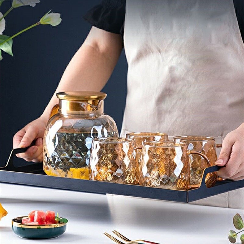 Premium Amber-Tinted Glass Water Pitcher and Drinking Glasses with Simple, Elegant Design