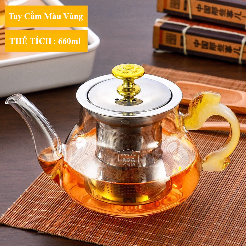 High-Quality 600ml Glass Teapot with Elegant Design, Loại: Tay cầm ánh vàng