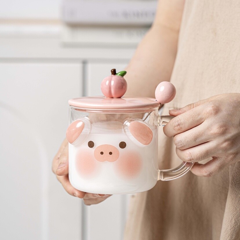 Ly gấu Ly heo con thủy tinh nắp sứ cao cấp 500ml, MẪU: Heo Hồng