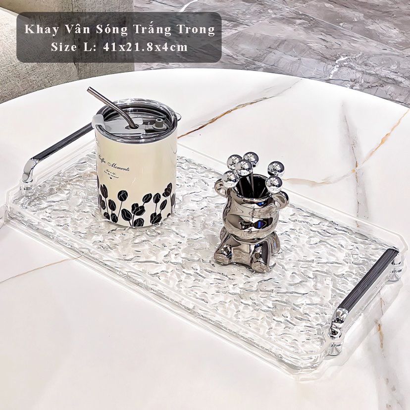Premium Ripple Plastic Tray with Silver Handles - Versatile, Convenient, and a Luxurious Highlight for Your Space, Màu Size: Trắng size L