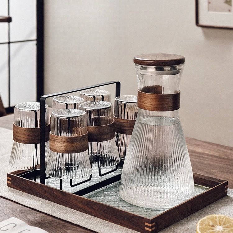 Rustic Wood Accent Glass Water Pitcher and Cup Set