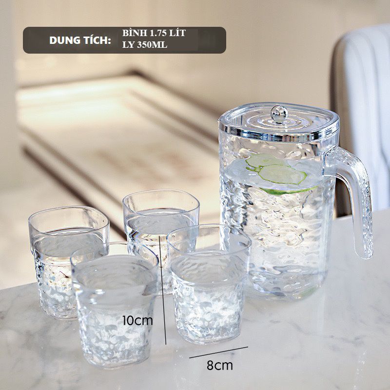 (Tách lẻ) Bình Nhựa Đựng Nước 1.75L Cao Cấp và combo 4 Ly