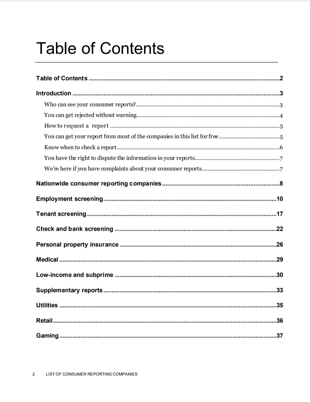 List of Consumer Reporting Agencies