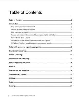 List of Consumer Reporting Agencies