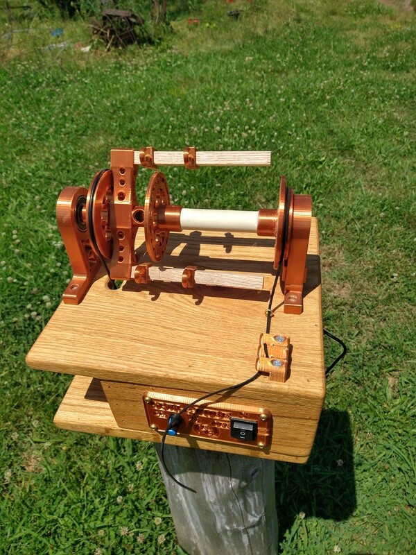 Scotch Tension Copper on Oak Spin-e-kube spinning wheel e-spinner