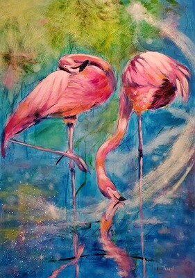TWO FLAMINGOS - Original Art - SALE &amp; Free Shipping to USA