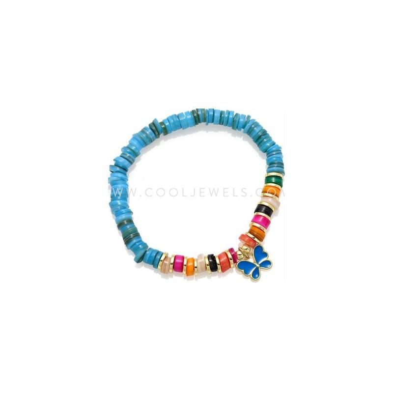 Armband gekleurde heishi kralen & vlinderbedel