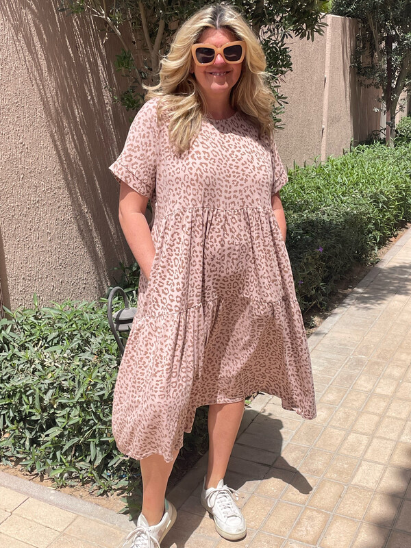 Scoop Neck Leopard Print Midi Tiered Dress