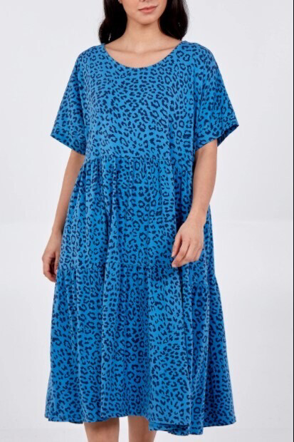 Scoop Neck Leopard Print Midi Tiered Dress