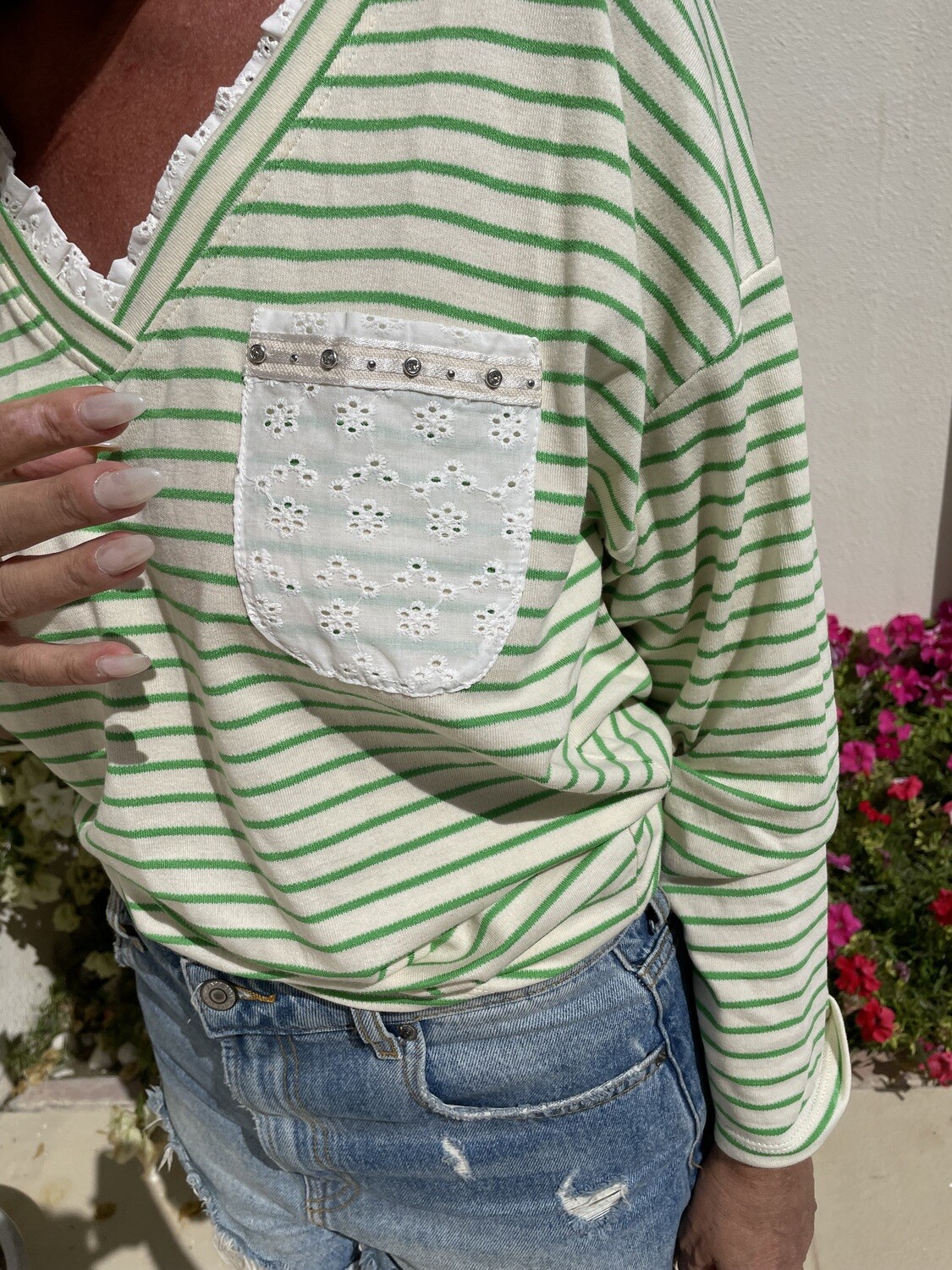 Stripey Broderie Anglaise Trim Top, Colour: Emerald Green