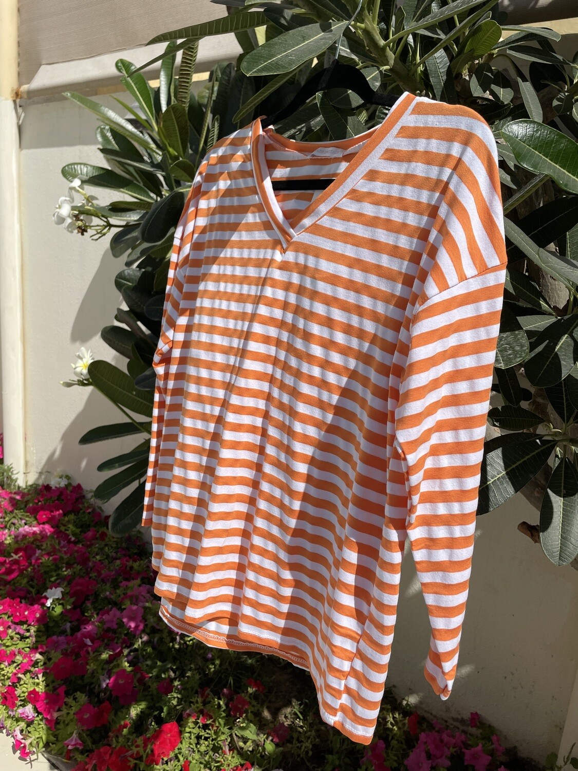 V-Neck Stripe Long Sleeve T-Shirt Orange