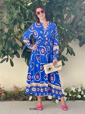 Paisley Draw String Maxi Dress in Royal Blue