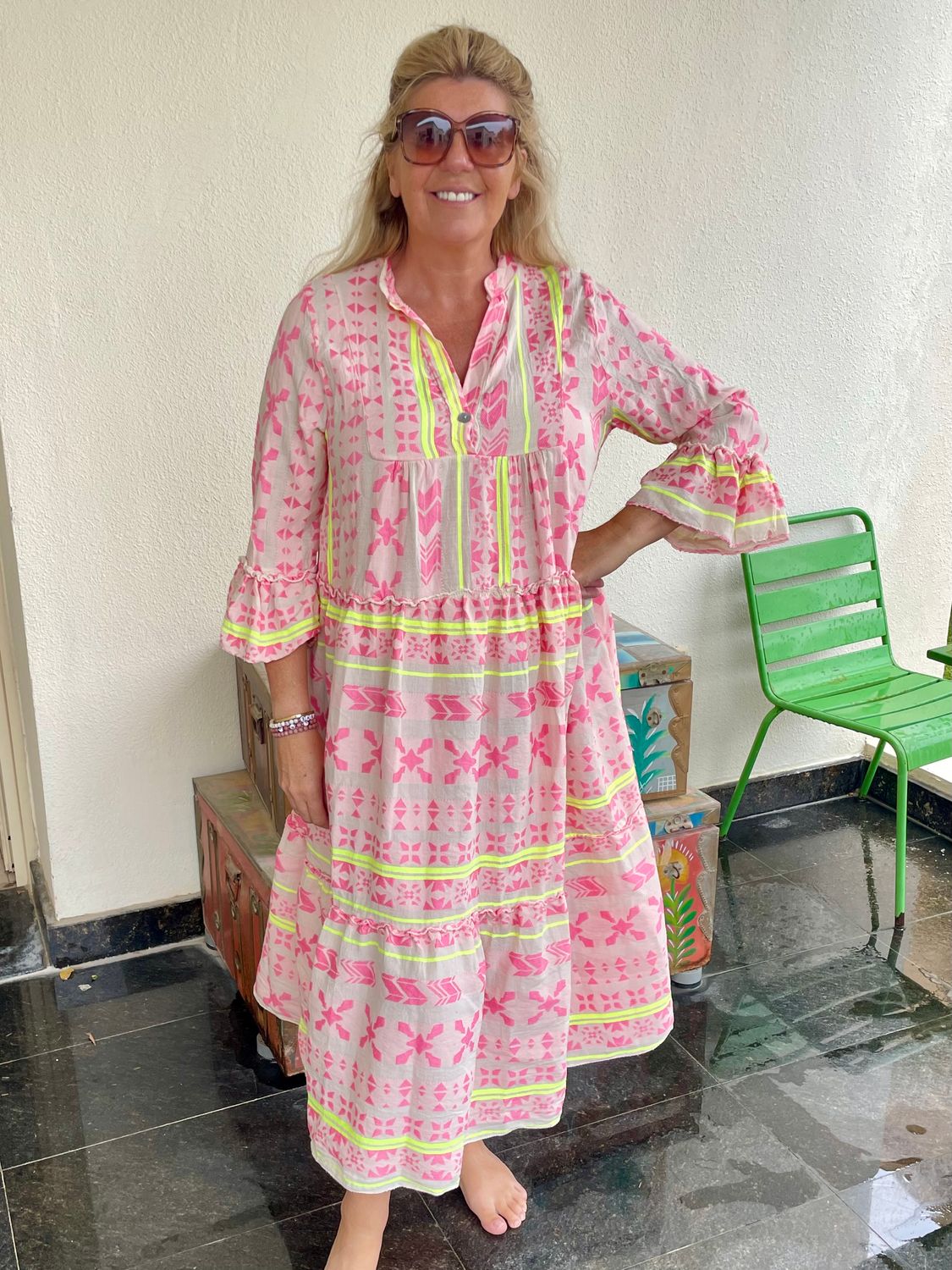 Lightweight Cotton Aztec Maxi Dress in Neon Yellow &amp; Pink