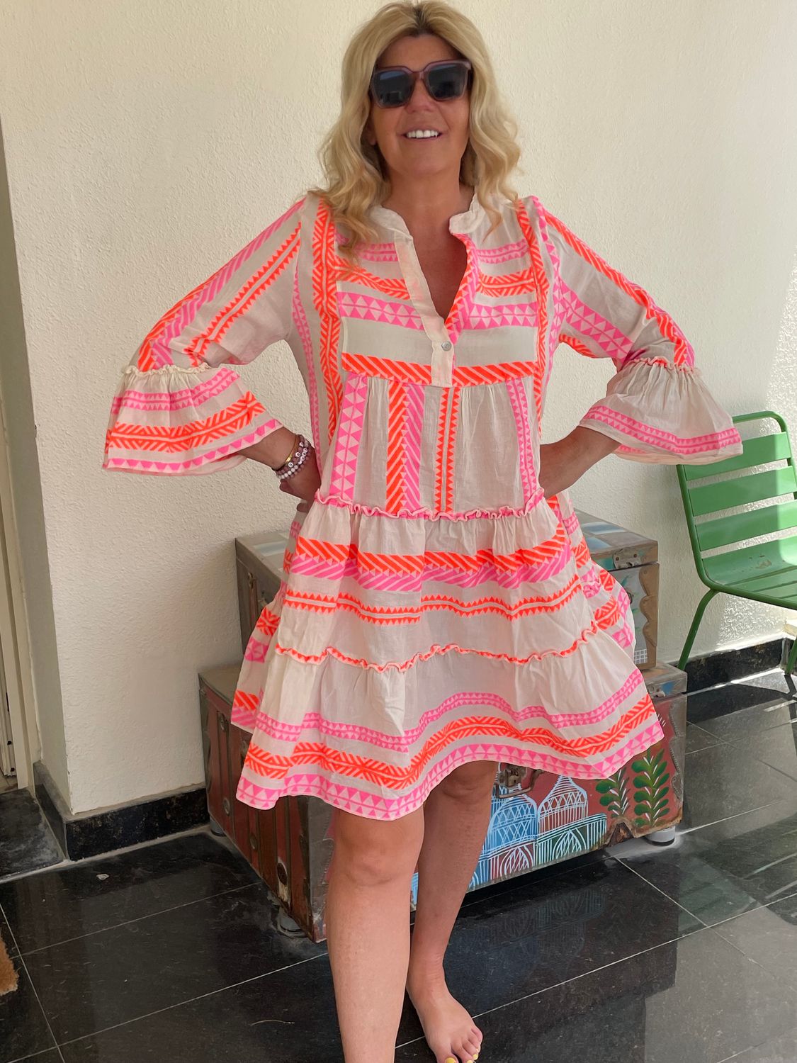 Our Famous Aztec Smock Dress in Neon Pink and Orange