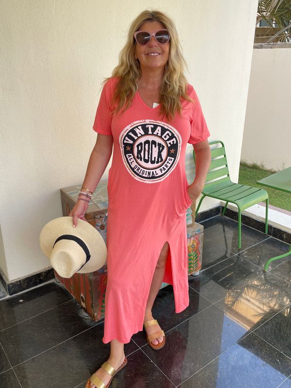 V-neck Rock Motif T-Shirt Maxi Dress