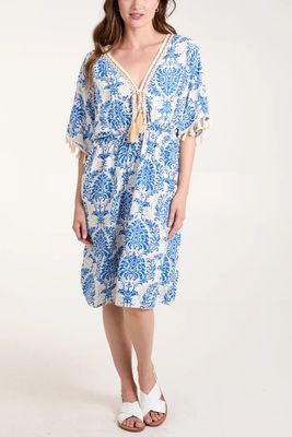 Botanical Print Dress with Embroidered &amp; Tassel Detail