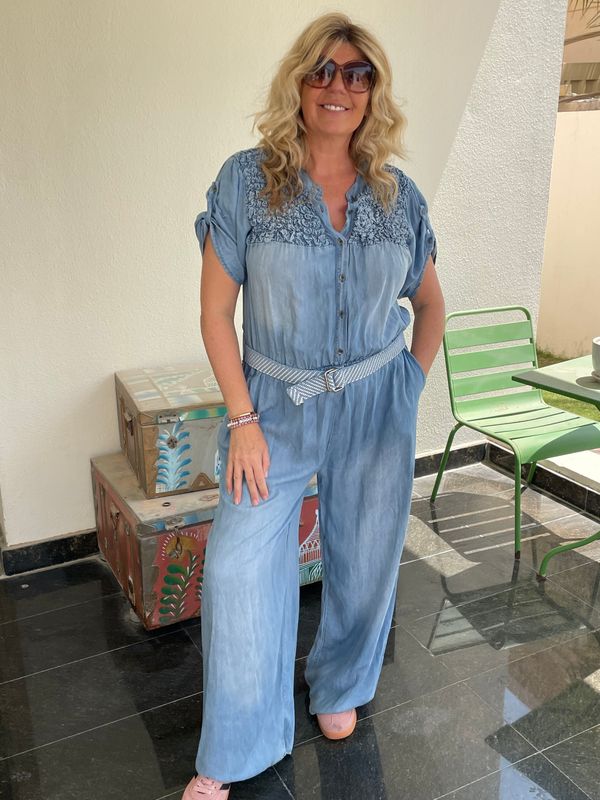 Ruched Detail Chambray Denim Jumpsuit