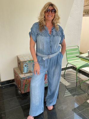 Ruched Detail Chambray Denim Jumpsuit