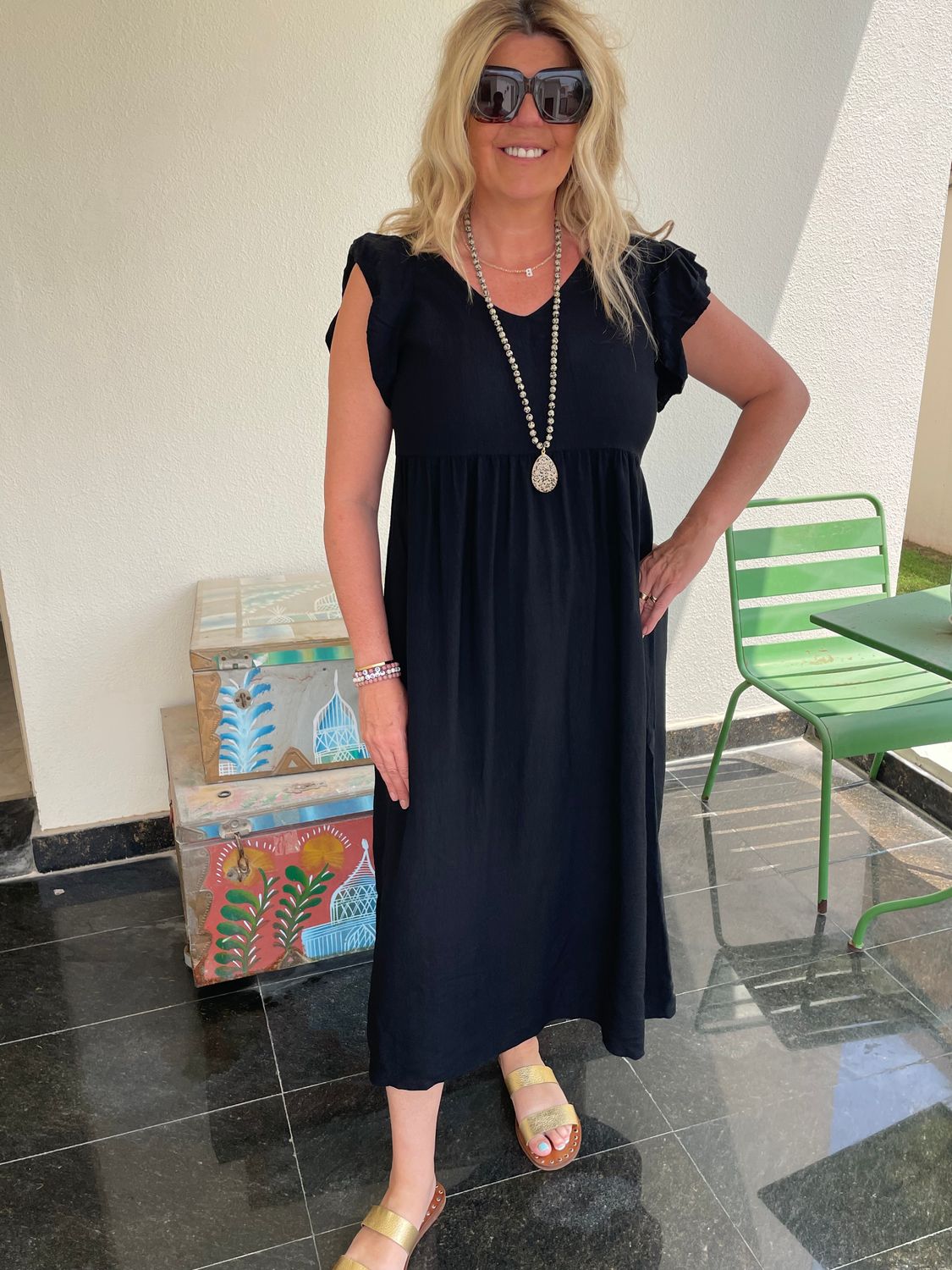 Frill Sleeve Button Back Midi Dress in Black