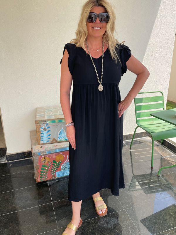Frill Sleeve Button Back Midi Dress in Black