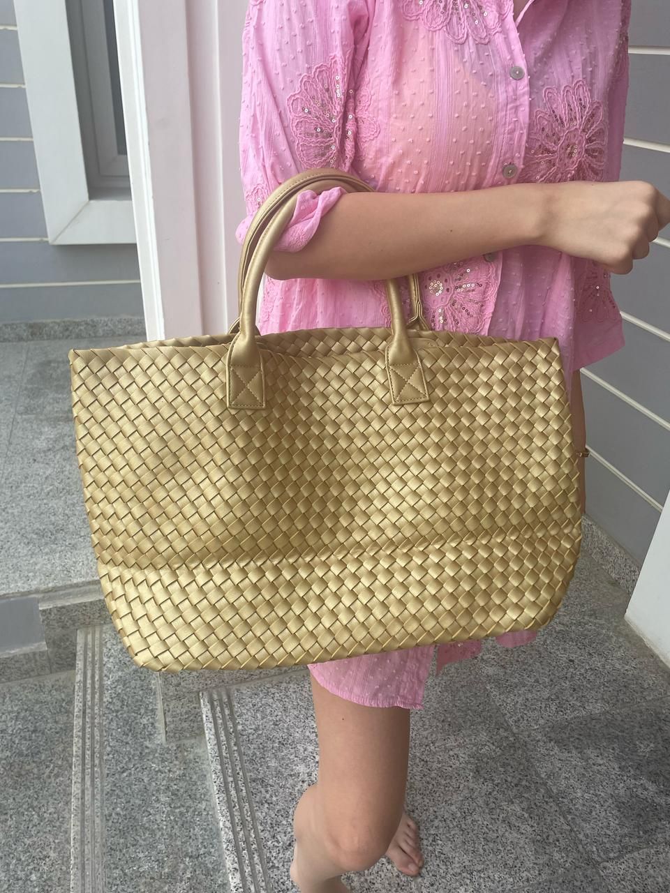 Soft Weave Large Shopper Bag in Gold