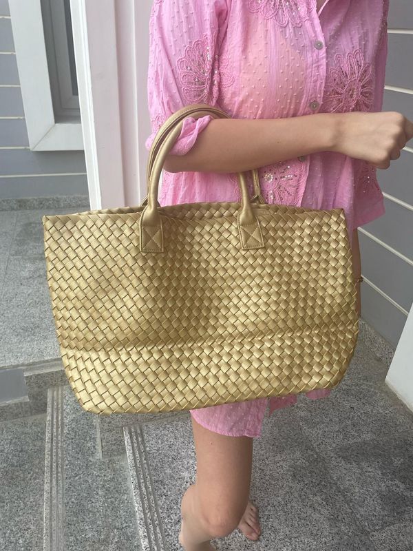 Soft Weave Large Shopper Bag in Gold