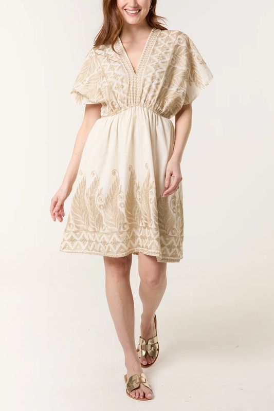 Embroidered V-neck Mini Dress in Stone