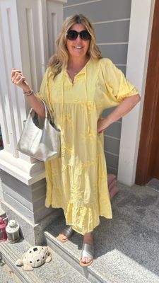Floral Embroidered Cotton Midi Dress in Yellow