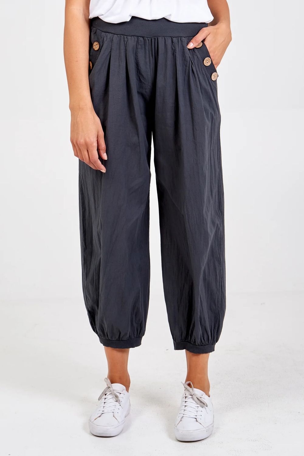Button Pocket Detail Harem Pants in Charcoal