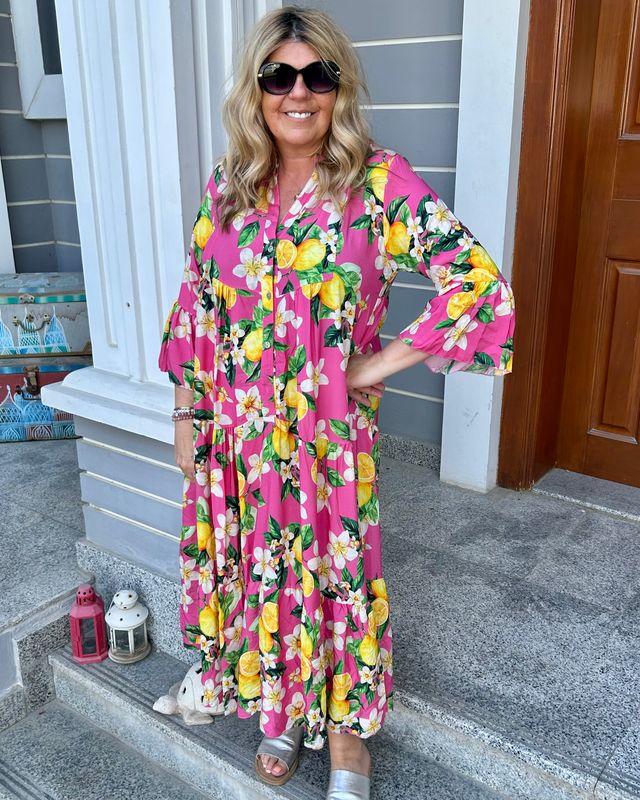 Cheerful Lemon Print Maxi Dress in Hot Pink