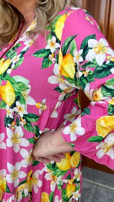Cheerful Lemon Print Maxi Dress in Hot Pink