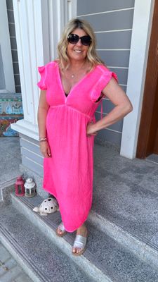 Cheesecloth Frill Sleeve Maxi Dress in Neon Pink