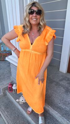 Cheesecloth Frill Sleeve Maxi Dress in Neon Orange