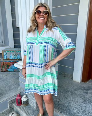 Aztec Smock Dress in Blue and Aqua Green
