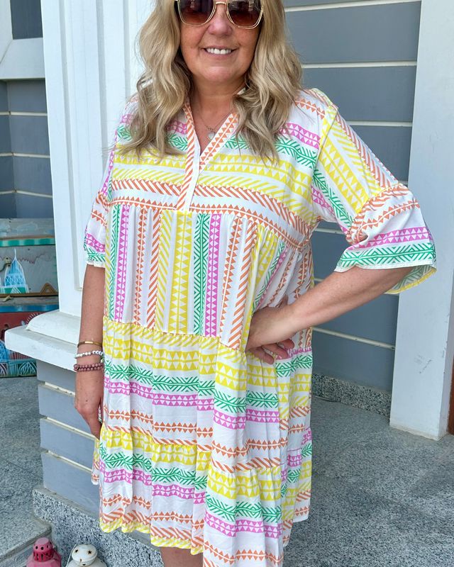 Aztec Smock Dress in Pink and Yellow Multi