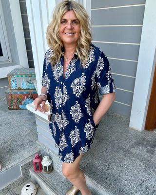 Damask Print Shirt Dress in Navy Blue