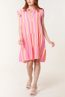 Striped Frill Sleeve Cotton Sun Dress