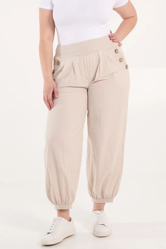 Button Pocket Detail Harem Pants in Stone