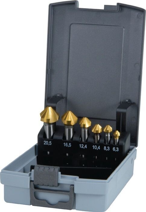 Kegelsenkersatz DIN 335C 90Grad 6,3-20,5mm HSS TiN 6-tlg. Kegelsenkersatz DIN 335C 90Grad 6,3-20,5mm HSS TiN 6-tlg.
