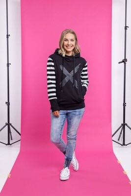 Home-lee Hooded sweatshirt- black with black and white striped sleeves
