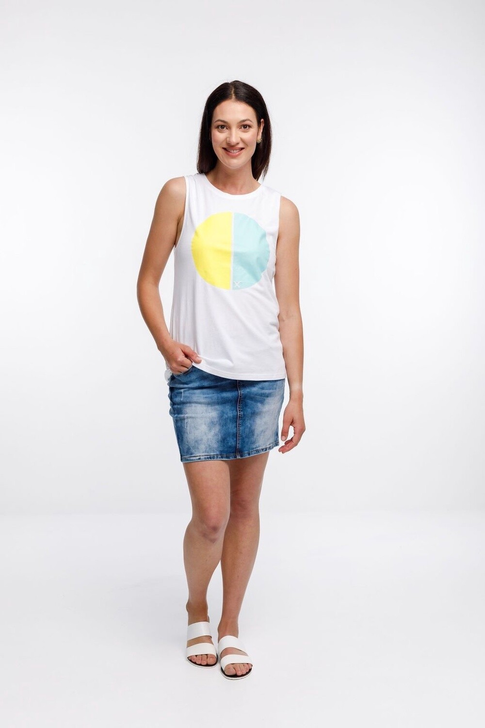 Home-lee Taylor singlet - White with Yellow/Blue cut circle print