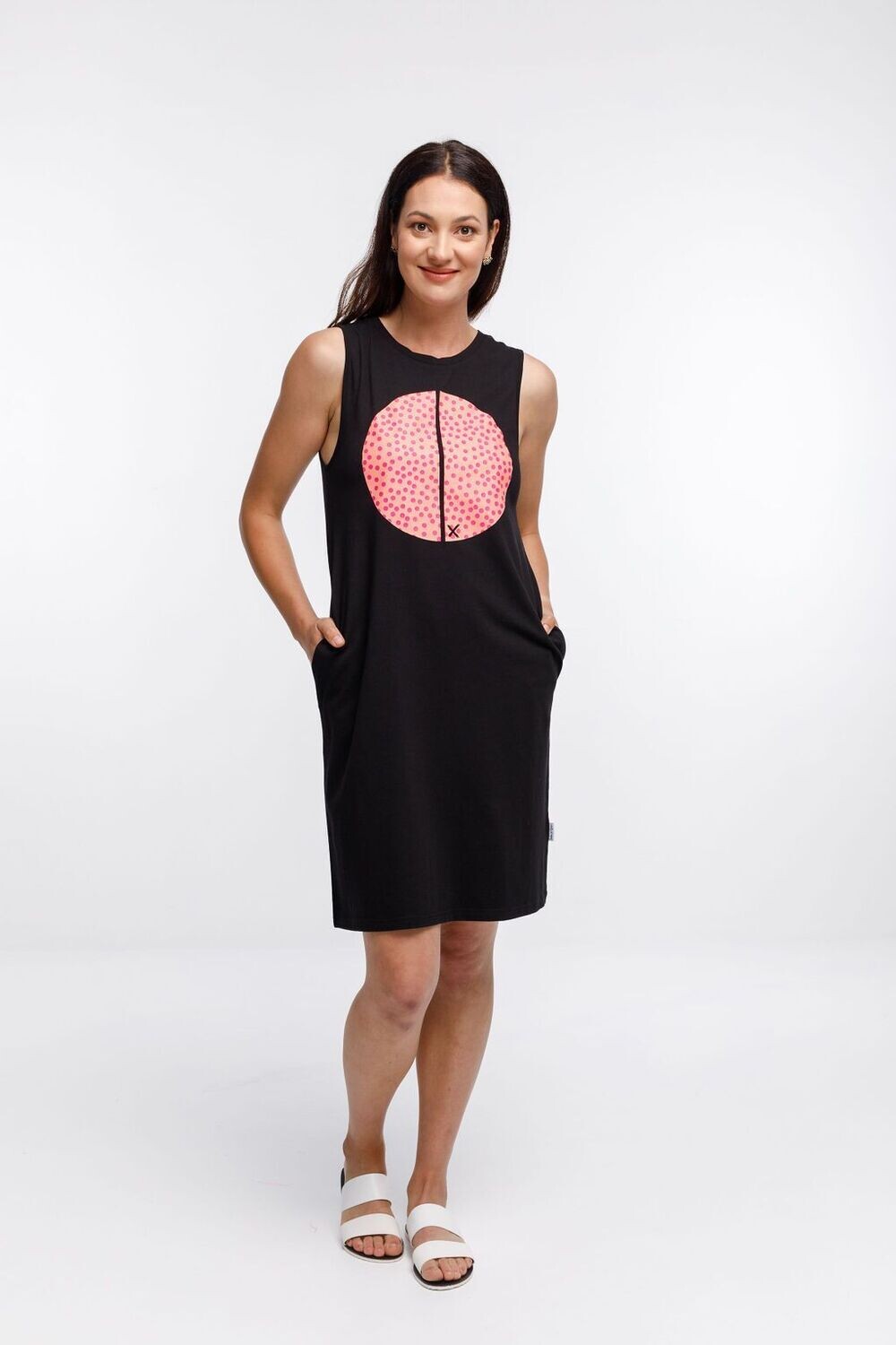 Home-lee Taylor singlet dress- black with Pink Yarrow spot