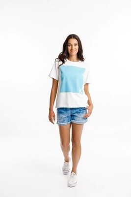Home-Lee Chris Tee - white with sky blue blue flocked panel
