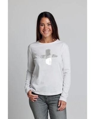 Stella + Gemma - Long Sleeved Tee - white with silver foil cross