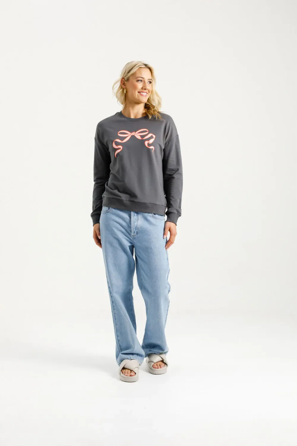 Homelee - Camilla Crew - Graphite with Blossom Berry Bow