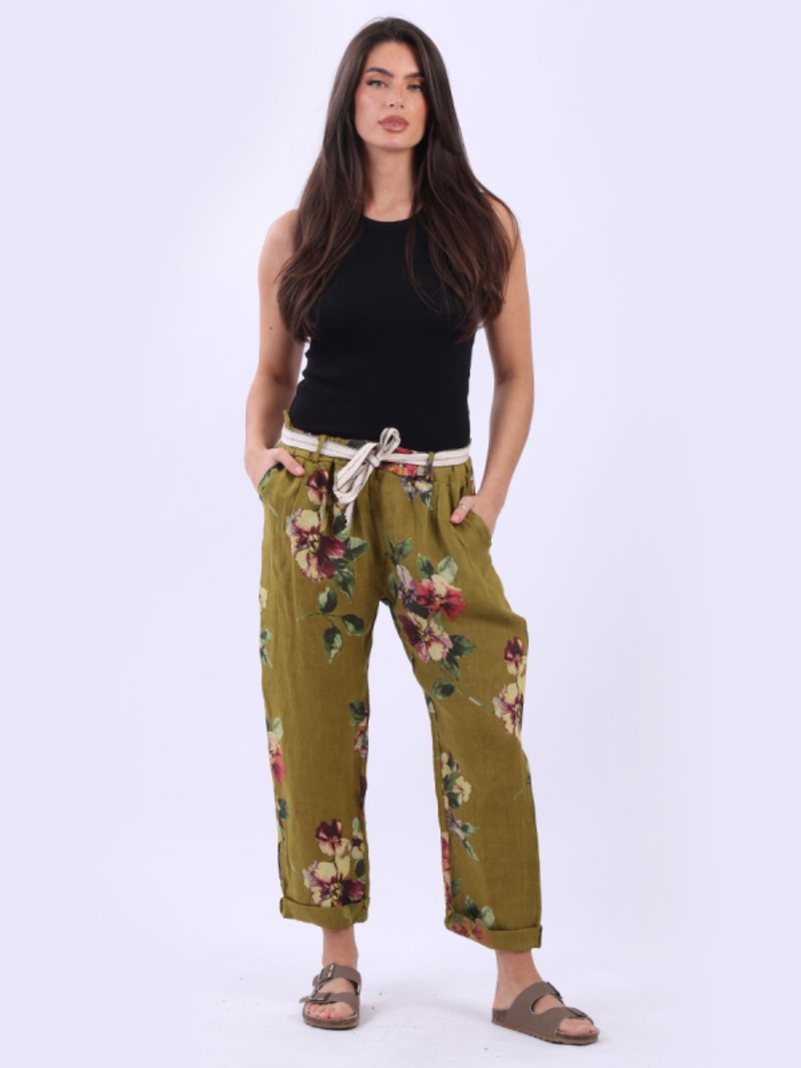 Beau Accessories - Marcella Linen Trousers - Floral Olive - Size 10-14