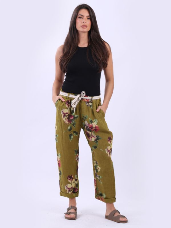 Beau Accessories - Marcella Linen Trousers - Floral Olive - Size 10-14