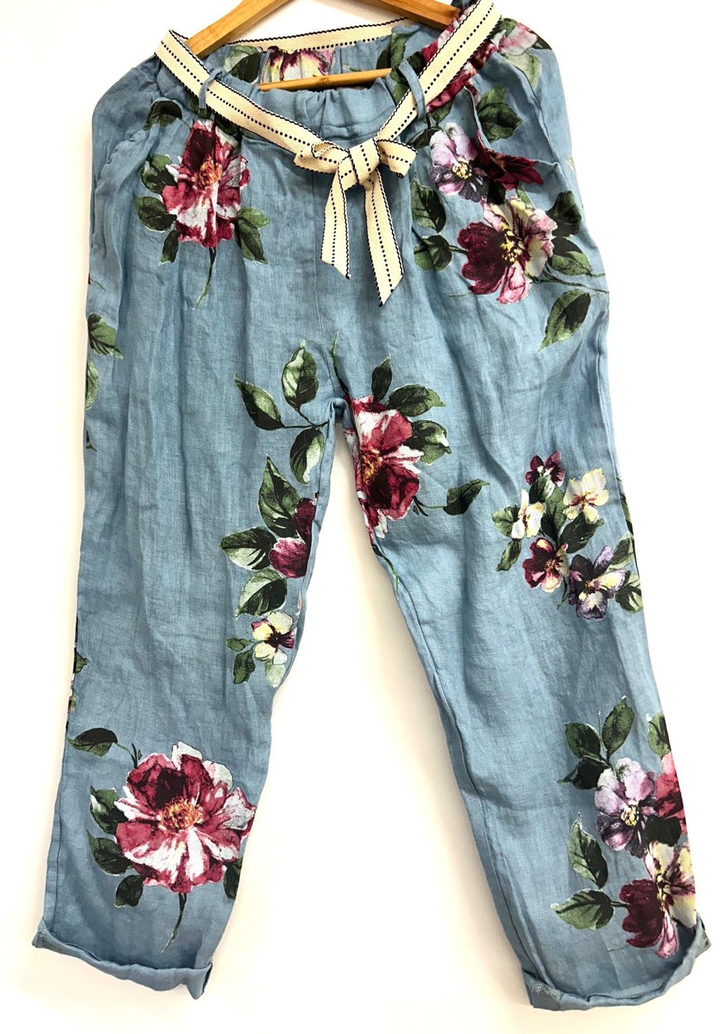 Beau Accessories - Marcella Linen Trousers - Floral Sky Blue - size 10-14